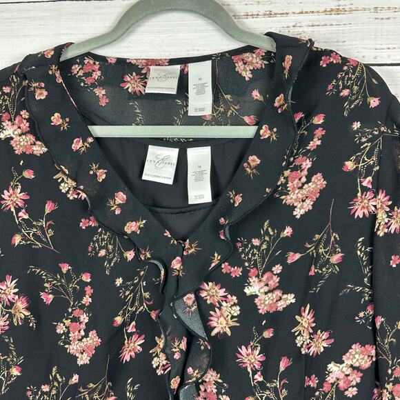 Womens Emma James Black Pink Floral Sheer Blouse 2 Pc w/ Tank 3/4 Sleeve Size 16 - Picture 3 of 9